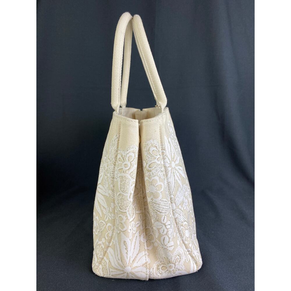 OSCAR DE LA RENTA Bag Ivory Floral Lace Canvas Tote Handbag Large - Picture 3 of 14
